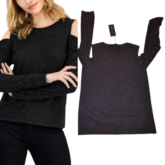 Tommy Hilfiger Womens Top Sz SM Metallic Cold Shoulder T-Shirt In Black & Gold - Picture 1 of 14